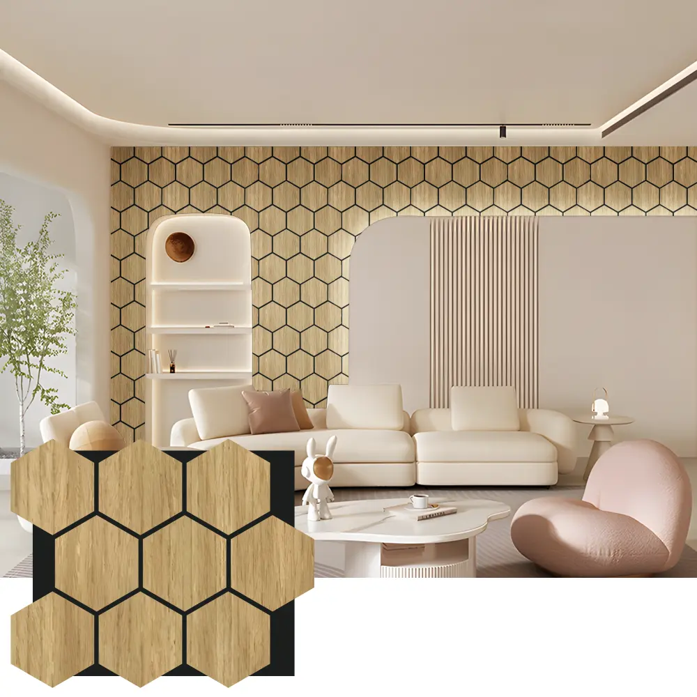 Hexagon Acoustic Wood Wall Panels សម្រាប់ការរចនាខាងក្នុង Hexagon Acoustic Wood Wall Panels សម្រាប់ការរចនាខាងក្នុង